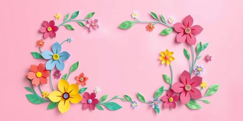 Naklejka premium Colorful and intricate papercut flowers arranged in a beautiful frame on a light pink background, spring, paper art, creativity