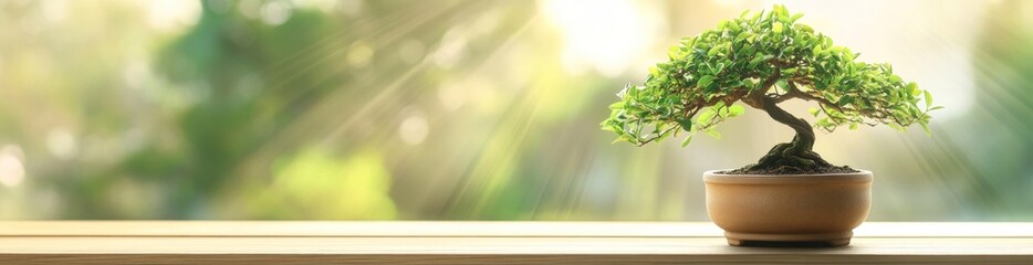 Small bonsai tree in a terracotta pot on a windowsill, bathed in sunlight against a blurred green background.