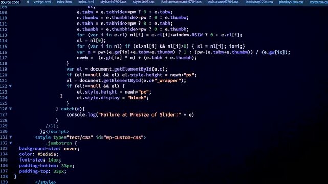 Developer is Browsing HTML Code on the Computer Screen. Front view. HTML Web Page Code Scrolling Programming, Abstract Technology Background for Software Developer, Computer Script Concept. Scene A.