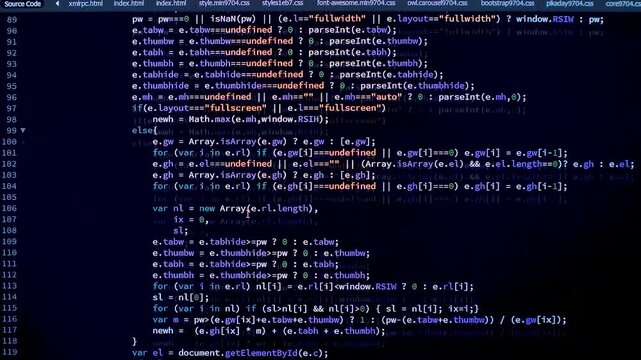 Developer is Browsing HTML Code on the Computer Screen. Front view. HTML Web Page Code Scrolling Programming, Abstract Technology Background for Software Developer, Computer Script Concept. Scene D.