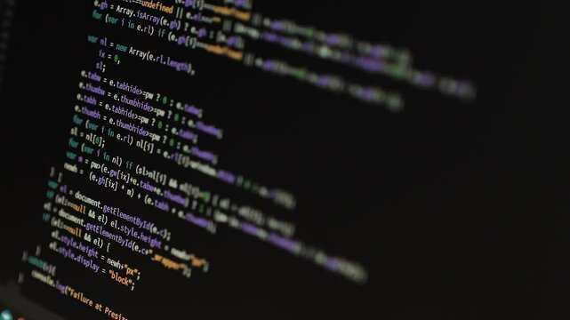 Developer is Browsing HTML Code on the Computer Screen. Side view. HTML Web Page Code Scrolling Programming, Abstract Technology Background for Software Developer, Computer Script Concept. Scene E.