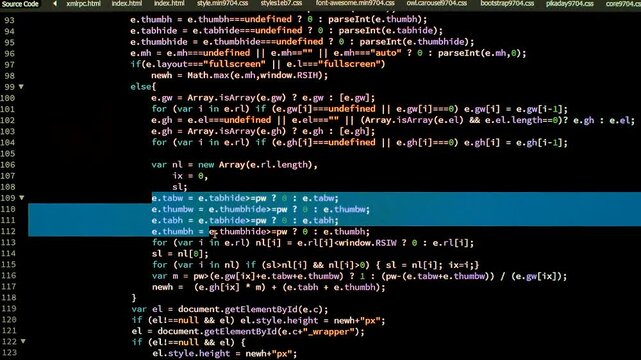 Developer is Browsing HTML Code on the Computer Screen. Front view. HTML Web Page Code Scrolling Programming, Abstract Technology Background for Software Developer, Computer Script Concept. Scene H.