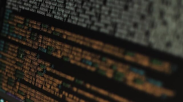 Developer is Browsing HTML Code on the Computer Screen. Side view. HTML Web Page Code Scrolling Programming, Abstract Technology Background for Software Developer, Computer Script Concept. Scene C.