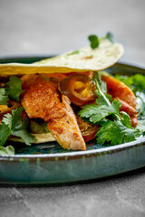 A vibrant and refreshing taco filled with grilled chicken, fresh vegetables, and a zesty sauce