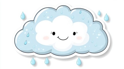 Happy cartoon rain cloud sticker design, isolated on white background, perfect for children's illustrations or weather-themed projects