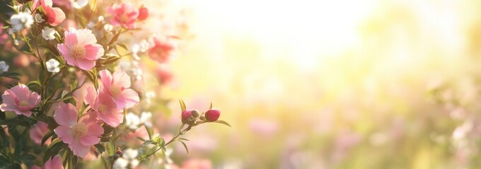 Fototapeta premium Soft sunlight illuminates delicate pink flowers in a blurred garden background.