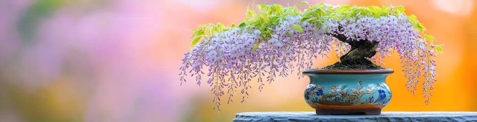 Blooming wisteria bonsai tree in a decorative pot against a blurred background.