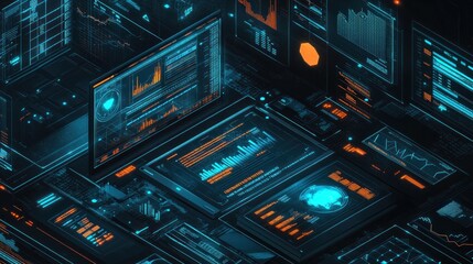 Obraz premium Isometric view of multiple screens displaying data analytics, charts, and graphs.