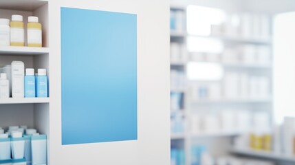 A pharmacy interior with a blank poster on the wall for advertising or notices, situated alongside shelves filled with medicine and health products.