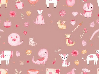 Watercolor illustration of cute pink animals and objects for children's textile seamless pattern, cute, pink, objects