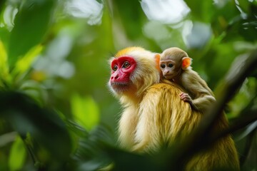 A mother monkey carries her baby on her back amidst lush green foliage.