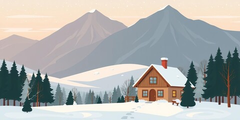 White snowy winter landscape with a charming country house nestled among majestic mountains and trees in a flat vector style illustration, vector, winter, landscape