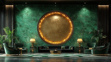 Emerald-walled lounge with gold circle, modern seating, nighttime ambiance