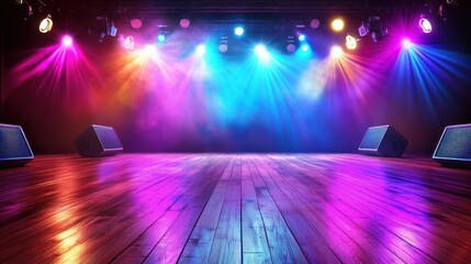Live performance stage with polished wooden floors, surrounded by sound monitors, illuminated spotlights