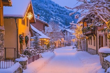 Fototapeta premium Snow-covered street in a charming mountain village at twilight, adorned with Christmas lights and decorations.
