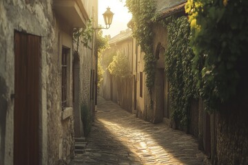 Obraz premium Sunlit cobblestone alleyway in old town, with stone buildings and lush ivy.