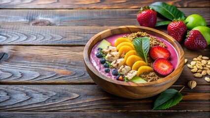 Freshly blended smoothie bowl with exotic fruits and granola on a wooden table, wooden table, bowl, fruit salad, vibrant, fruits