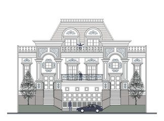 Facade of 3 storeys symmetrical modern classic house with 3 doors, 6 windows, 4 columns, balustrade, frames, decoration, stairs, crowns, garage, canopy, trapezoidal roof and its elements design.