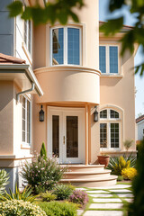 Obraz premium Elegant Modern Home Exterior: Luxury Real Estate Design with Landscaping and Curved Architecture