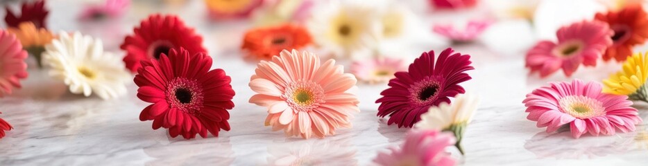 Colorful gerbera daisies scattered on a marble surface.