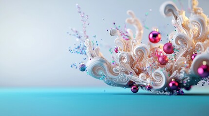 Abstract Cream Splash with Pink Ornaments on Teal Background