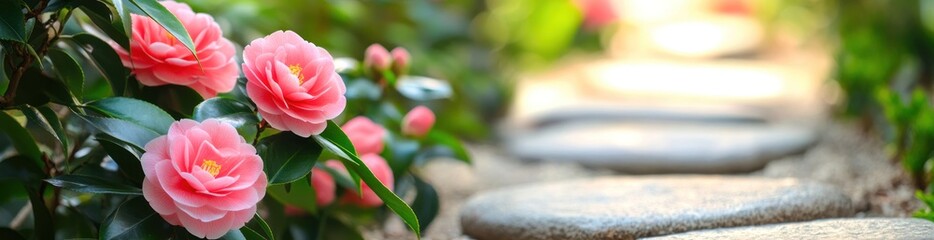 Obraz premium Pink camellia flowers bloom beside a stone pathway in a garden.