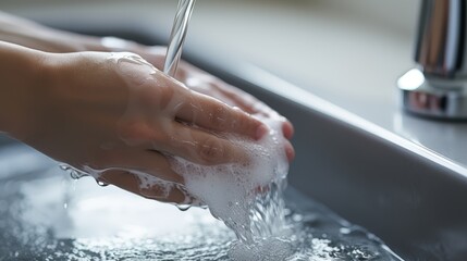 Fototapeta premium Hand washing with soap under running water promoting healthy hygiene practices in daily life for personal well-being and disease prevention