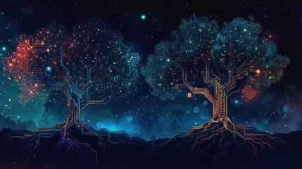Glowing circuit trees, night sky, digital art, fantasy background, website header