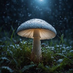Fototapeta premium A radiant white mushroom under moonlight, surrounded by dewdrops.