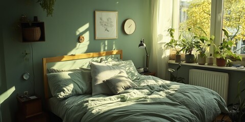 Sunlit Bedroom with Sage Green Bedding and Plants