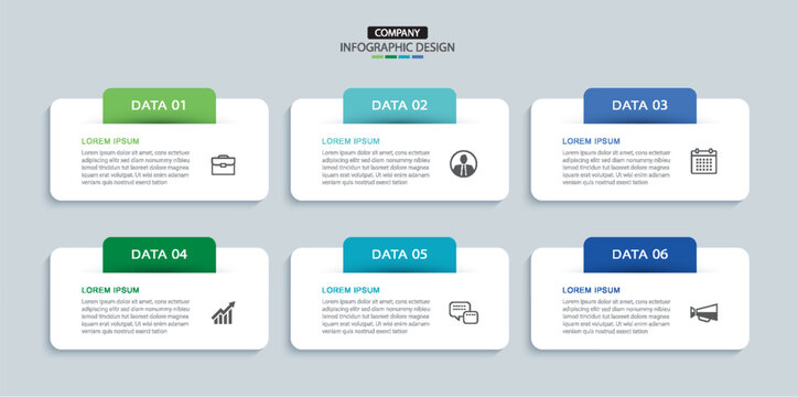 6 data infographics rectangle tab layout template. Illustration business abstract background.