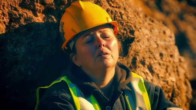 Female construction worker wearing protective gear leaning against rough rock surface, displaying physical exhaustion and professional strain during demanding workday