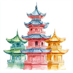 Fototapeta premium Beautiful pagoda structures ancient asia watercolor art tranquil environment artistic viewpoint cultural heritage