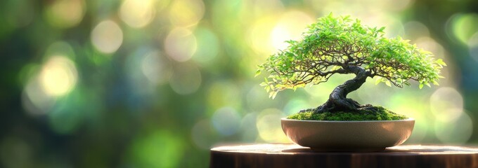 Serene bonsai tree in a pot, bathed in sunlight against a bokeh backdrop.