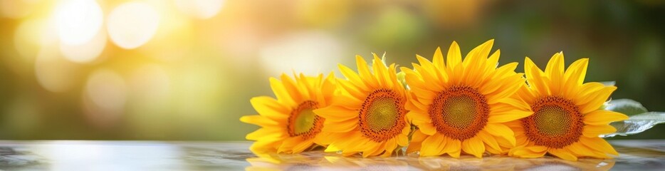 Obraz premium Four bright yellow sunflowers in soft sunlight, on a blurred green background.