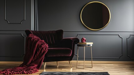 Elegant Boho Minimalist Living Room in Black with Burgundy Velvet Armchair, Crimson Red Blanket, and Gold Accent Mirror