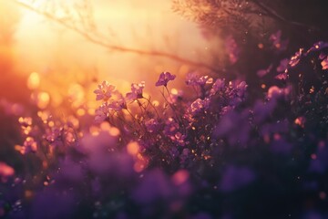 Fototapeta premium Purple flowers bathed in the warm glow of sunset, creating a magical, dreamy scene.