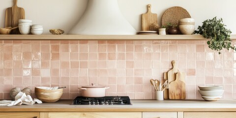 Minimalist Kitchen Design With Pastel Pink Tiles and Wooden Accents