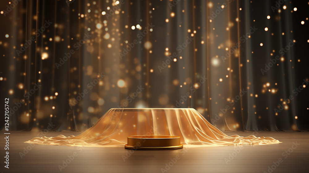 Wall mural golden round podium with light clouds, a stage for a new product with an empty copy space