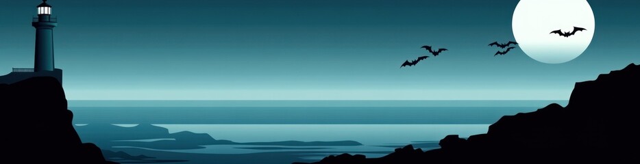 Night scene of a lighthouse on a cliff overlooking the sea under a full moon with bats flying.