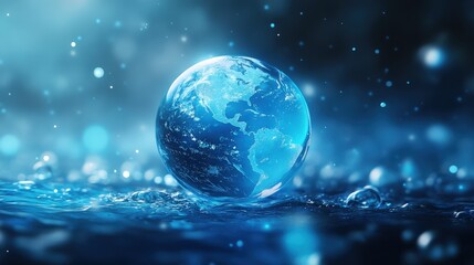 Stunning Blue Earth Globe Floating on Water with Sparkling Reflections Under a Beautiful Atmosphere