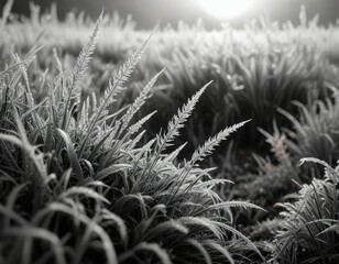 Frost-covered blades of grass in a stark black and white composition, white, outdoor