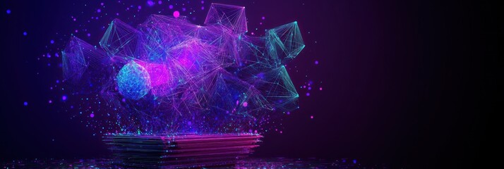 Abstract purple and blue glowing geometric shapes with particles.