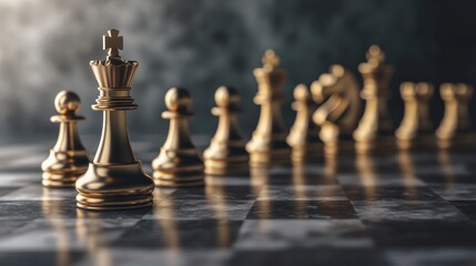 Golden Chess Pieces on Dark Table with Dramatic Lighting Effects