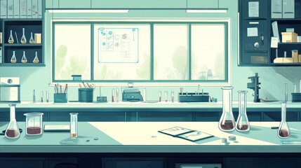 A well-lit laboratory interior with glassware, equipment, and documents on a central lab bench, suggesting scientific research.