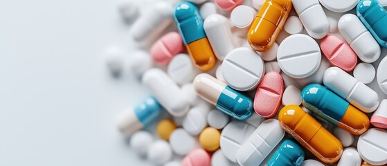 A collection of various pills and capsules in different colors and sizes.