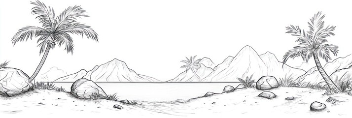 Sketch of a tropical beach scene with palm trees and mountains