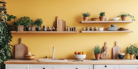 Modern Kitchen with Yellow Walls and Wooden Shelves