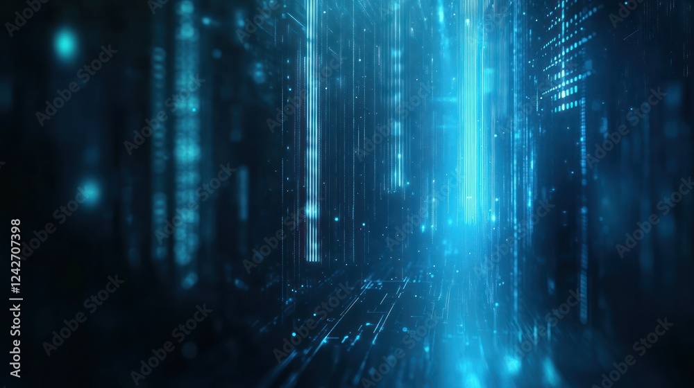 Poster blue digital matrix with data streams background for technology or science use