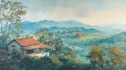Fototapeta premium Colors of tranquility in a rural landscape with hills and a quaint house at sunrise